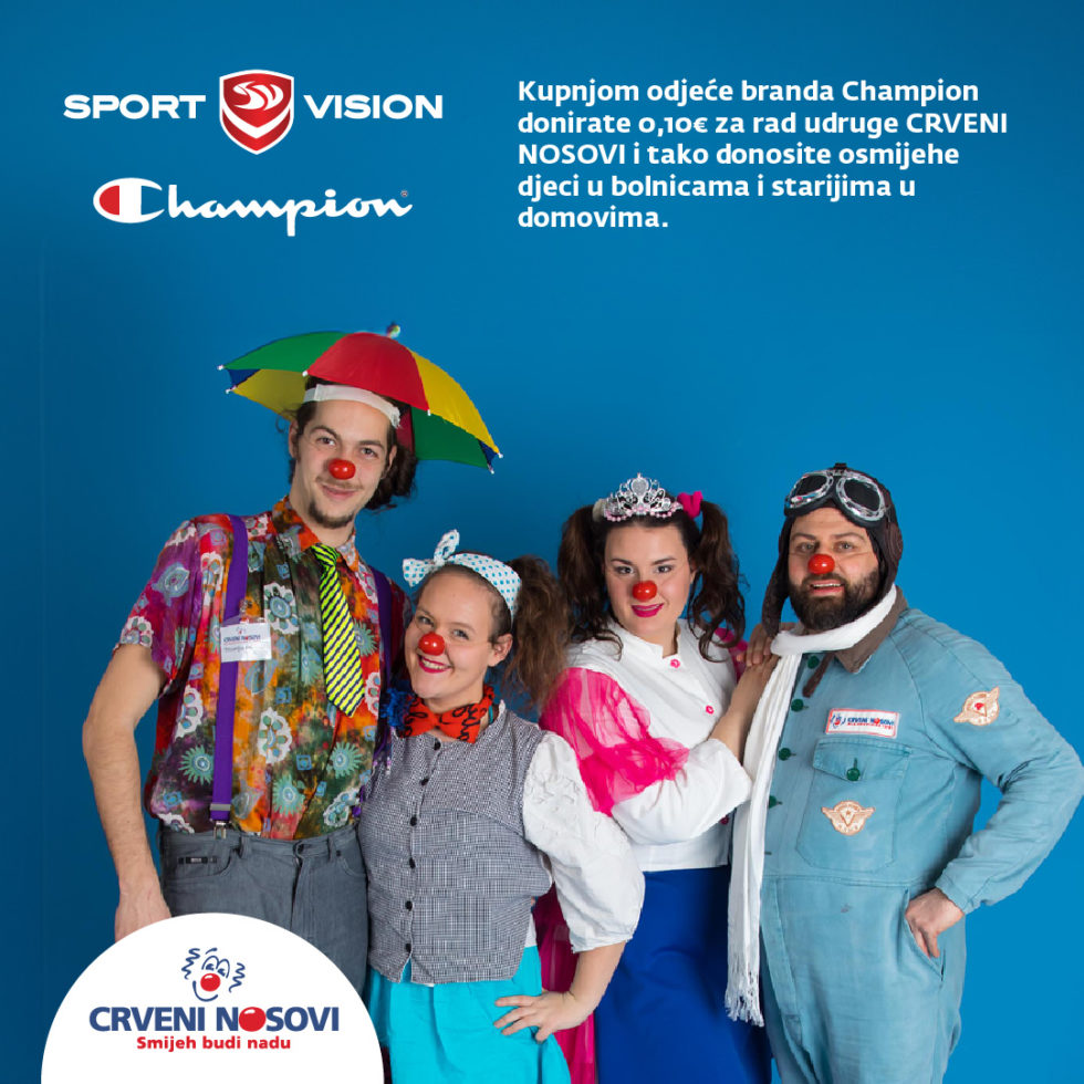 Kupnjom Champion odjeće u Sport Vision trgovini pomažeš Crvenim Nosovima!